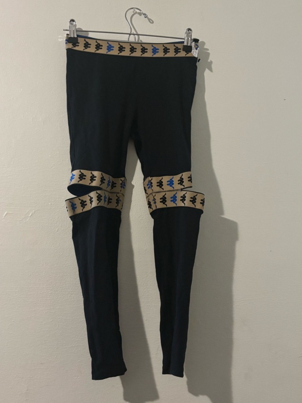 Kappa Black Leggings with Tan and Blue Logo Bands